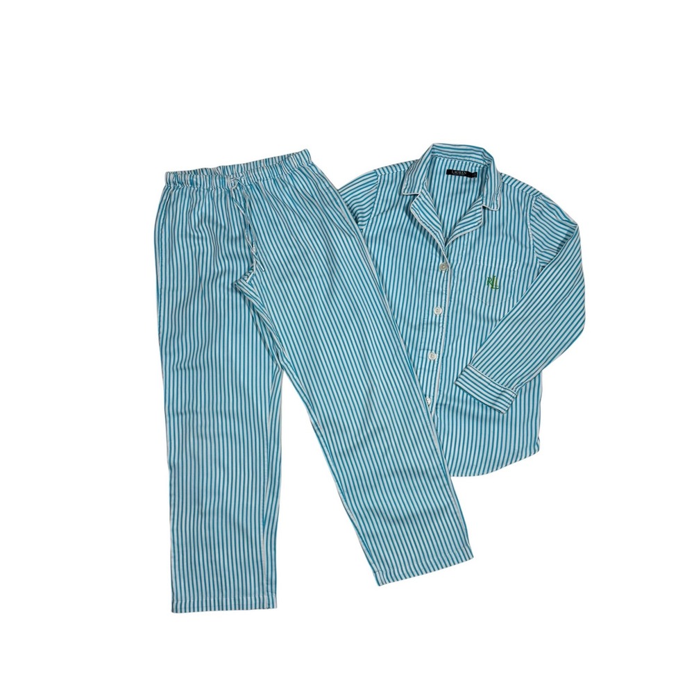 Lauren Ralph Lauren Women's Blue White Striped Cotton Pajama Set Size M RLL Logo